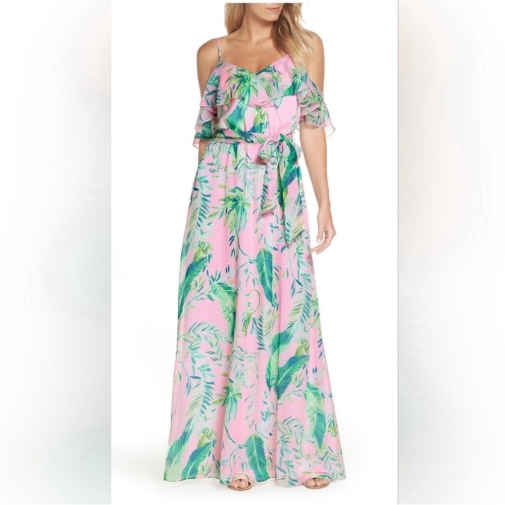 Lilly Pulitzer Zadie Ruffled Floral Maxi Dress Coral Reef Tint